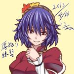  1girl 2015 blue_hair dated h-new looking_at_viewer red_eyes short_hair smile solo touhou translation_request upper_body yasaka_kanako yellow_background 