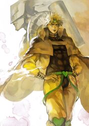  2boys blonde_hair cape capelet dio_brando hands_on_hips headband jacket jojo_no_kimyou_na_bouken multiple_boys oburaato stand_(jojo) the_world yellow_jacket 