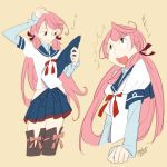  akashi_(kantai_collection) blueprint blush green_eyes hair_ribbon kantai_collection long_hair looking_at_viewer open_mouth pink_hair ribbon school_uniform serafuku shocked_eyes side_slit skirt thigh-highs tress_ribbon twintails 