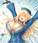  1girl atago_(kantai_collection) black_gloves blonde_hair bouncing_breasts breasts bursting_breasts confetti gloves happy hat kantai_collection large_breasts long_hair military military_uniform open_mouth popped_button poroi_(poro586) uniform wardrobe_malfunction 