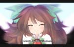  1girl ^_^ anny-tta backlighting bow brown_hair closed_eyes hair_bow letterboxed long_hair reiuji_utsuho smile solo subtitled touhou 