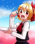  1girl ahoge ascot blonde_hair blouse bow cherry_blossoms collaboration cravat eating fangs food fruit hair_bow highres kameyan long_sleeves looking_at_viewer open_mouth petals puffy_long_sleeves puffy_sleeves red_eyes rumia short_hair slit_pupils solo spring_(season) strawberry touhou vest white_blouse 