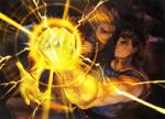  2boys black_hair blonde_hair claws clenched_hand dio_brando glowing glowing_hand jojo_no_kimyou_na_bouken jonathan_joestar multiple_boys oburaato 