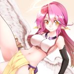  1girl angel_wings breasts feathered_wings gloves halo jibril_(no_game_no_life) loincloth long_hair looking_at_viewer low_wings magic_circle midriff navel no_game_no_life pink_hair smile solo unier white_wings wings yellow_eyes 