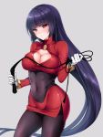  1girl akira_(natsumemo) bangs black_legwear blunt_bangs blush breasts cleavage cleavage_cutout covered_navel gloves large_breasts long_hair natsume_(pokemon) pantyhose pokemon pokemon_(game) pokemon_rgby purple_hair red_eyes solo thighband_pantyhose very_long_hair whip white_gloves 