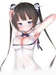  1girl arm_ribbon armpits arms_up bare_shoulders black_hair blue_eyes blush bow breasts cleavage cleavage_cutout covered_navel dress dungeon_ni_deai_wo_motomeru_no_wa_machigatteiru_darou_ka embarrassed gloves hair_ornament hair_ribbon hands_up hestia_(danmachi) highres large_breasts long_hair looking_at_viewer nose_blush rei_no_himo ribbon short_dress showing_armpits simple_background sleeveless sleeveless_dress solo twintails upper_body waterdog white_background white_dress white_gloves 