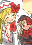  2girls blonde_hair blush bow closed_eyes commentary_request dress fairy_wings gaoo_(frpjx283) hair_bow hat hat_ribbon highres lily_black lily_white long_hair multiple_girls open_mouth red_eyes ribbon touhou wings 
