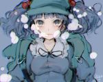  1girl backpack bag blue_background blue_eyes blue_hair bow bubble bubble_blowing dated hair_bobbles hair_ornament kawashiro_nitori lips long_sleeves looking_at_viewer meiji_(charisma_serve) shirt short_hair simple_background solo touhou twintails underwater 