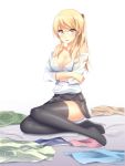  1girl artist_request bare_shoulders blonde_hair breast_hold breasts cleavage glasses mylovelydevil original thigh-highs zettai_ryouiki 