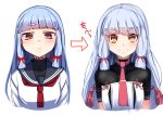  1girl blue_hair blush directional_arrow kantai_collection long_hair looking_at_viewer murakumo_(kantai_collection) red_eyes remodel_(kantai_collection) school_uniform serafuku simple_background smile solo tenken_(gotannda) white_background yellow_eyes 