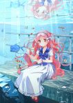  1girl bow bubble clownfish cup dress fish hairband highres long_hair original pink_hair plate railing red_eyes reflection ribbon ruins sailor_collar shoes sitting smile solo underwater water 