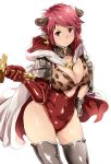  1girl alp between_breasts breasts cleavage earrings elbow_gloves gloves granblue_fantasy hilt horns jewelry looking_at_viewer red_eyes redhead short_hair skindentation solo strum_(granblue_fantasy) sword thigh-highs thighs weapon 