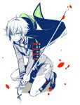  1boy cape green_eyes hat hat_removed headwear_removed hotarumaru male_focus ootachi partially_colored petals ringo_ame shorts smile squatting sword torn_clothes touken_ranbu weapon 