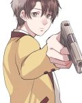  1boy aldnoah.zero brown_eyes brown_hair gun junka-sakura kaizuka_inaho school_uniform solo weapon 