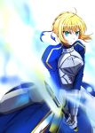  1girl ahoge armor armored_dress artoria_pendragon_(all) blonde_hair blue_ribbon breasts cleavage_cutout clothing_cutout dress excalibur fate/grand_order fate/stay_night fate_(series) fox-zgmf gauntlets green_eyes hair_bun hair_ribbon highres holding holding_weapon invisible_air juliet_sleeves long_sleeves medium_breasts puffy_sleeves ribbon saber solo sword weapon 