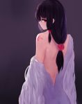  1girl back bare_back bare_shoulders black_hair hair_ornament highres kisei2 long_hair looking_at_viewer looking_back low_ponytail original pixiv_fantasia pixiv_fantasia_t ponytail red_eyes simple_background solo tattoo undressing 