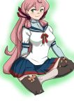  1girl akashi_(kantai_collection) blush green_eyes hair_ribbon highres kantai_collection long_hair looking_at_viewer pink_hair ribbon school_uniform serafuku side_slit skirt smile solo thigh-highs tress_ribbon twintails 