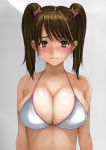  1girl bare_shoulders blush bow breasts brown_eyes brown_hair cleavage grey_background hair_bow kago_(lelien7) large_breasts looking_at_viewer original short_hair solo sweat swimsuit twintails 