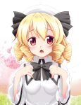  1girl blonde_hair blush bow breasts chestnut_mouth drill_hair hat highres looking_at_viewer luna_child open_mouth red_eyes reimei_(r758120518) short_hair solo touhou wings 