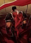  1boy absurdres armor arms_behind_back back black_hair blood blood_on_clothes blood_on_hands broad_shoulders darius flag gauntlets highres league_of_legends leg_armor male_focus manly mawvax muscular muscular_male pole scar scar_on_arm short_hair shoulder_pads signature solo sunset 