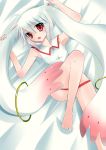  ahoge animal_ears arms_up bare_legs bed_sheet catstudioinc_(punepuni) convenient_leg grey_hair highres holding_ears kyubey looking_at_viewer mahou_shoujo_madoka_magica no_pants panties panty_pull personification red_eyes sleeveless solo underwear wing_collar 