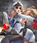  1girl aviator_glasses baton belt black_legwear blonde_hair card_(medium) chaos_online cuffs edelyn gloves handcuffs hat high_heels holding long_hair love_cacao moped necktie official_art open_mouth police police_hat police_uniform red_eyes solo stiletto_heels sunglasses thigh-highs translated uniform white_gloves zettai_ryouiki 