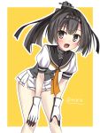  1girl akizuki_(kantai_collection) black_eyes black_hair corset gloves hachimaki headband highres kantai_collection miniskirt neckerchief open_mouth ponytail school_uniform serafuku short_hair short_sleeves skirt solo twitter_username white_gloves white_skirt yuuki_miyabi 