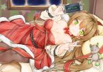  1girl blush breasts brown_hair choker christmas cleavage controller double_bun dress game_controller girls_frontline green_eyes hansal highres off_shoulder on_bed pantyhose rfb_(girls_frontline) smile stuffed_animal stuffed_toy teddy_bear v 