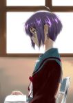  1girl absurdres brown_eyes cardigan glasses highres nagato_yuki purple_hair reading school_uniform short_hair sitting suzumiya_haruhi_no_yuuutsu toriol_3 