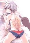  1boy ass bell_cranel dungeon_ni_deai_wo_motomeru_no_wa_machigatteiru_darou_ka grey_hair red_eyes short_hair single_hand swim_briefs swimsuit tattoo torajimaneko 