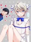  2boys aldnoah.zero blood blue_hair blush cleavage_cutout cosplay crossdressinging dress dungeon_ni_deai_wo_motomeru_no_wa_machigatteiru_darou_ka gloves harklight heart hestia_(danmachi) hestia_(danmachi)_(cosplay) male_focus military military_uniform multiple_boys nosebleed open_mouth rei_no_himo ribbon short_hair silver_hair slaine_troyard solo uniform white_dress white_gloves zozakura 