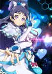 1girl crossed_arms cure_white dress earrings futari_wa_precure gloves half_updo jewelry long_hair looking_at_viewer magical_girl outstretched_arm precure purple_hair smile solo violet_eyes yukishiro_honoka yuuzii 