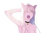  1girl ahoge animal_ears arm_behind_head arm_up bare_shoulders bell bell_choker cat_ears choker closed_eyes facing_viewer haruwakame highres jingle_bell long_hair no_bra open_mouth original simple_background solo tears teeth white_background white_hair yawning 
