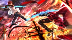  2boys archer battle brown_hair dagger emiya_shirou fate/stay_night fate_(series) field_of_blades grey_hair highres multiple_boys sword swordsouls tagme unlimited_blade_works weapon 