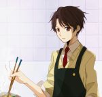  1boy aldnoah.zero apron brown_eyes brown_hair chopsticks cooking food kaizuka_inaho parted_lips solo stirring tsukimori_usako 