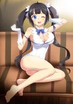  1girl ;d absurdres ass barefoot biodragon black_hair blue_eyes bow breasts cleavage cleavage_cutout couch deep_skin dress dungeon_ni_deai_wo_motomeru_no_wa_machigatteiru_darou_ka gloves hair_ribbon hand_behind_head hestia_(danmachi) highres large_breasts legs long_hair looking_at_viewer open_mouth rei_no_himo ribbon sitting smile solo twintails very_long_hair white_dress white_gloves wink 