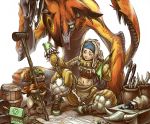  1girl armor barrel blonde_hair bone boots box cat claws crafting_shop_daughter_(monster_hunter) felyne hammer headband imosen kecha_wacha long_hair long_sleeves misriff monster monster_hunter monster_hunter_4 multiple_braids navel pot sitting weapon 