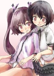  2girls black_hair brown_hair dress_shirt fundoshi hair_ribbon himekaidou_hatate long_hair multiple_girls no_hat no_pants open_mouth red_eyes ribbon shameimaru_aya shirt short_hair smile touhou violet_eyes wings yohane 