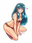  1girl bikini blue_eyes breasts cleavage eyeshadow full_body green_hair heart horns iahfy kneeling leg_warmers long_hair lum makeup oni payot smile solo swimsuit tiger_print urusei_yatsura v_arms white_background 