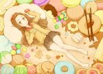 1girl aihara_miu aki_inu bangs_pinned_back bare_legs barefoot brown_eyes brown_hair collared_shirt doughnut gingerbread_man hand_on_own_chest hand_up looking_at_viewer pillow pocky shirt skirt solo tokyo_7th_sisters 