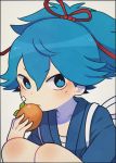  1boy ayu_(mog) black_border blue_eyes blue_hair border food fruit japanese_clothes kimono looking_at_viewer male_focus mandarin_orange sayo_samonji sitting solo touken_ranbu 