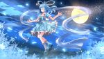  1girl blue_hair cleavage closed_eyes collarbone full_moon hair_ornament hair_stick highres kaku_seiga moon night night_sky petals risutaru sash shawl sky solo touhou 