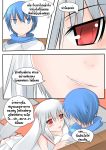  animal_ears blue_eyes blue_hair catstudioinc_(punepuni) close-up comic grey_hair hand_on_another&#039;s_shoulder highres kaito kyubey left-to-right_manga lying_on_person mahou_shoujo_madoka_magica personification red_eyes scarf seductive_smile thai translation_request vocaloid wing_collar 