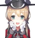 1girl azalanz blonde_hair gloves hair_ornament hands_on_own_cheeks hands_on_own_face hat kantai_collection long_hair peaked_cap prinz_eugen_(kantai_collection) smile solo twintails uniform 