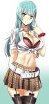  1girl bra breasts cleavage contemporary garter_straps green_eyes green_hair highres kantai_collection long_hair looking_at_viewer midriff navel open_clothes open_shirt plaid plaid_skirt ribbon scrunchie shirt skirt solo suzuya_(kantai_collection) thigh-highs underwear v wamwam 