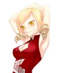  1girl armpits arms_up bangs blonde_hair blush breasts china_dress chinese_clothes cleavage cleavage_cutout drill_hair original raizen_(jung_0000) solo swept_bangs twin_drills yellow_eyes 