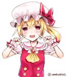  1girl blonde_hair blush bow brooch fang fingers_to_cheeks flandre_scarlet hat hat_bow jewelry red_eyes side_ponytail solo touhou umeko_(koori_ume) wrist_cuffs 
