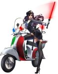  1girl alpha_transparency aviator_glasses baton belt black_legwear chaos_online cuffs edelyn gloves handcuffs hat high_heels highres holding italian_flag long_hair love_cacao moped necktie official_art open_mouth police police_hat police_uniform purple_hair red_eyes simple_background solo stiletto_heels sunglasses thigh-highs translated transparent_background uniform white_gloves zettai_ryouiki 