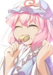  1girl ^_^ blush clenched_hand closed_eyes dress eating food food_on_face fun_bo happy mob_cap pink_hair saigyouji_yuyuko short_hair solo touhou triangular_headpiece upper_body veil white_background 