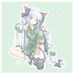  1girl animal_ears braid braiding_hair cat_ears cosplay dress fujiwara_no_mokou green_background green_dress hair_ribbon hairdressing heart heart_background juliet_sleeves kaenbyou_rin kaenbyou_rin_(cosplay) kemonomimi_mode knee_up leg_ribbon long_hair long_sleeves looking_at_viewer nakahara_masahiko no_socks puffy_sleeves red_eyes ribbon shoe_ribbon sitting solo touhou tress_ribbon triangle_mouth twin_braids very_long_hair white_hair 